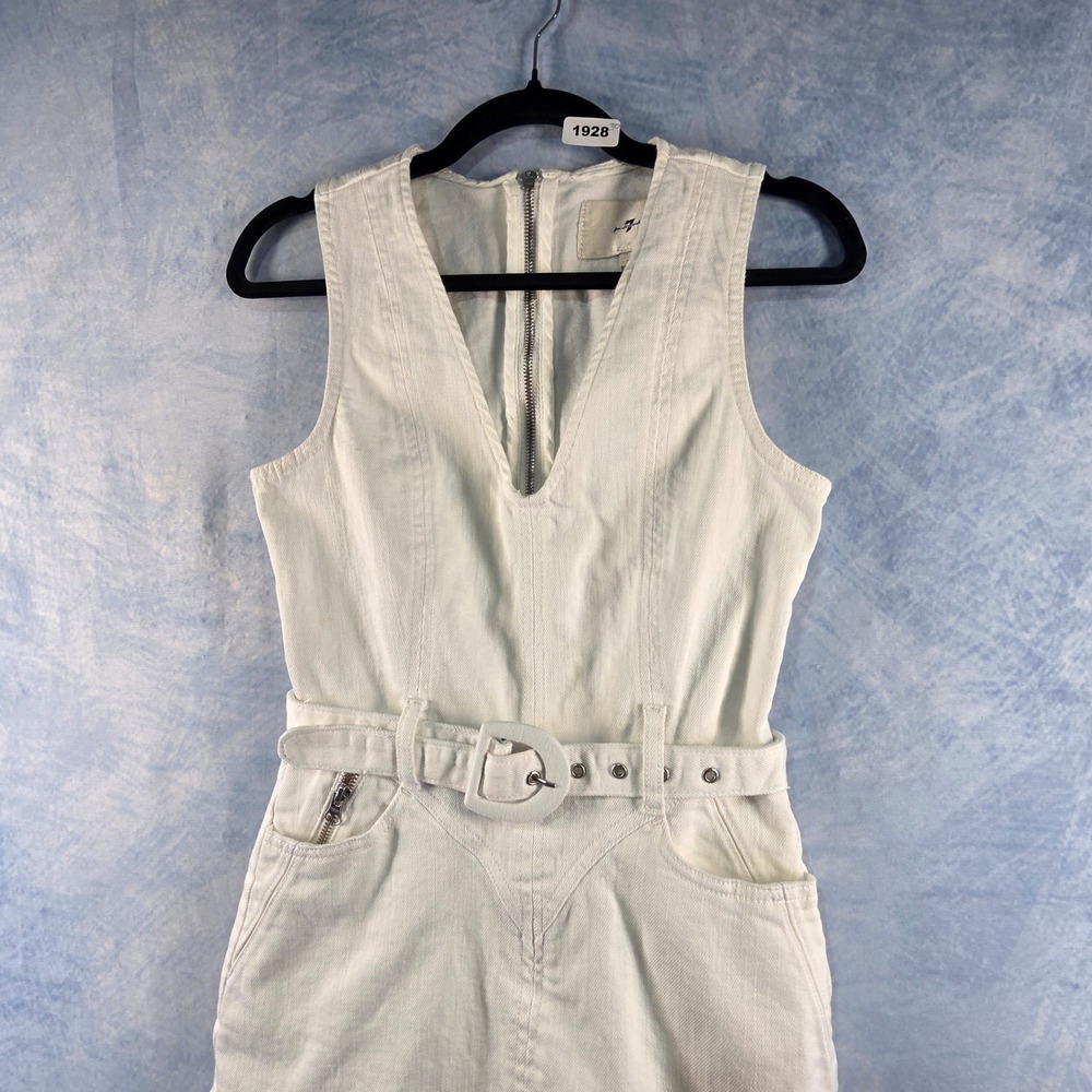 7 For All Mankind White Denim Belted Ruffle Hem Mini Dress Womens Size Small - Picture 4 of 8